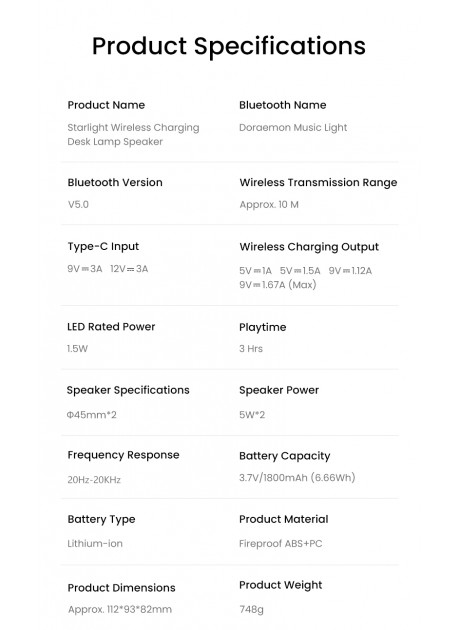 Doraemon Starlight Wireless Charging Desk Lamp Speaker
