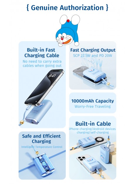 Doraemon PowerSack Fast Charging Power Bank with Cable 10000mAh