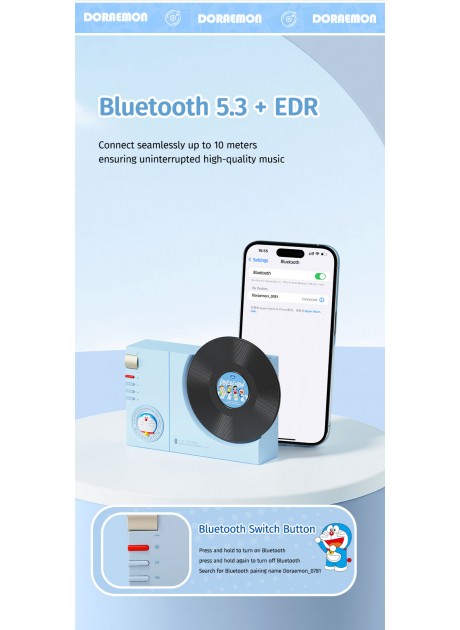 Doraemon Vintage Vinyl Record Player Style Bluetooth Speaker