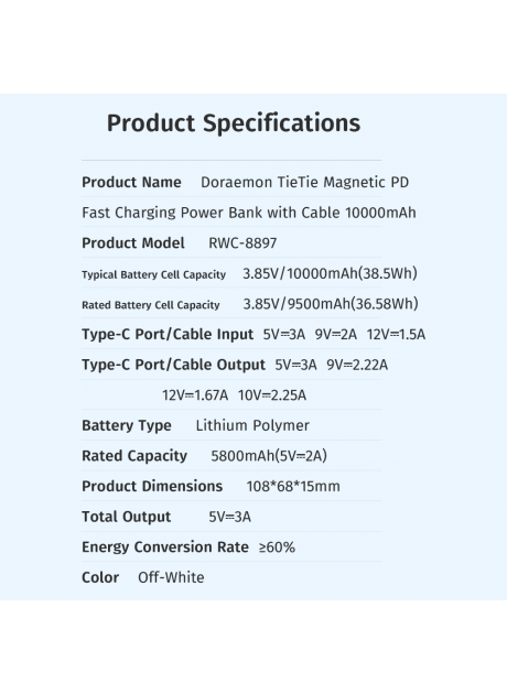 Doraemon TieTie Magnetic PD20W Fast Charging Power Bank with Cable 10000mAh